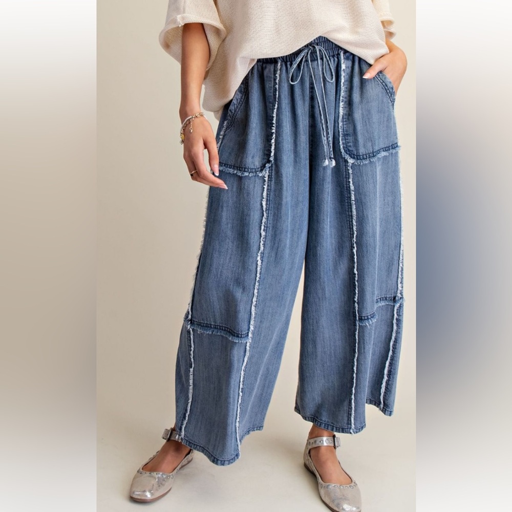 Easel Light Blue Patchwork Wide Leg Pants